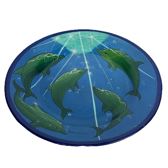 Mexican Pottery Large Hanging 17 Inch Plate Hand Painted Dolphins Display Signed - Picture 1 of 4
